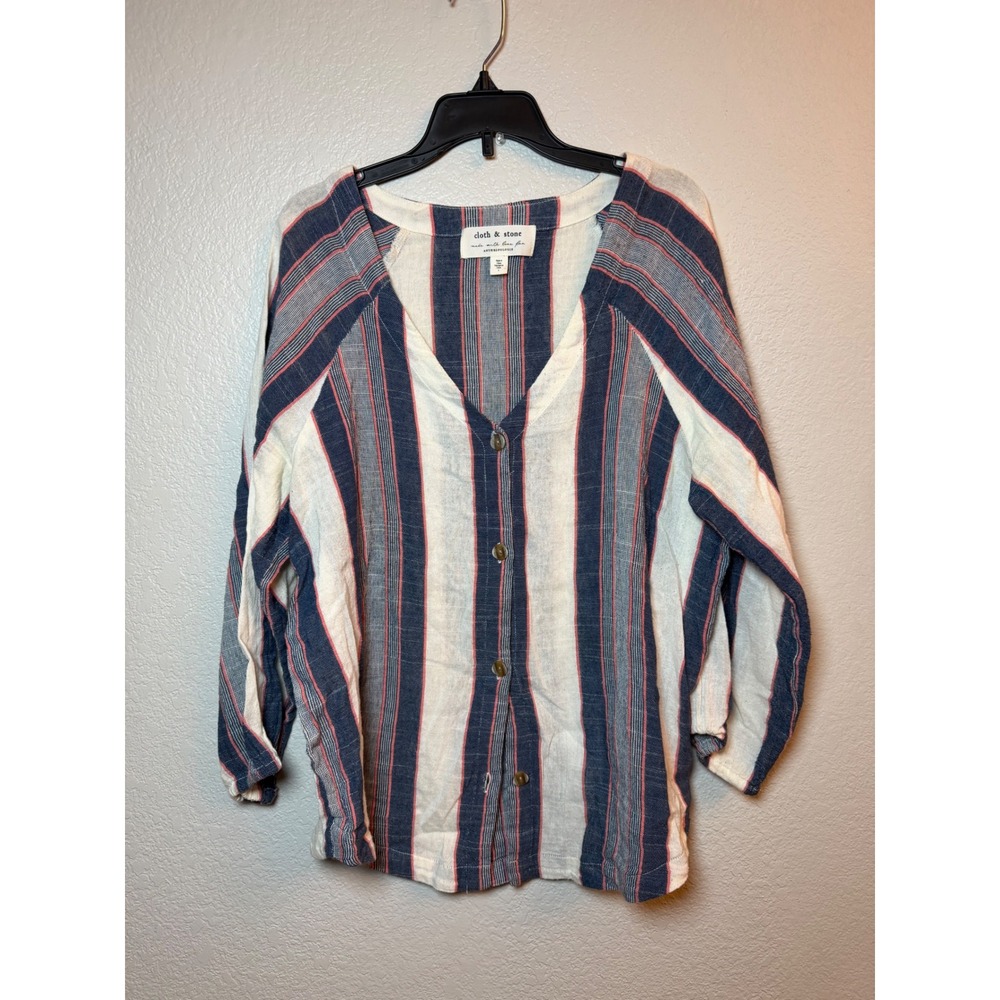 Cloth & Stone Anthropologie Striped Cotton Button Front Top Blue Pink Large
